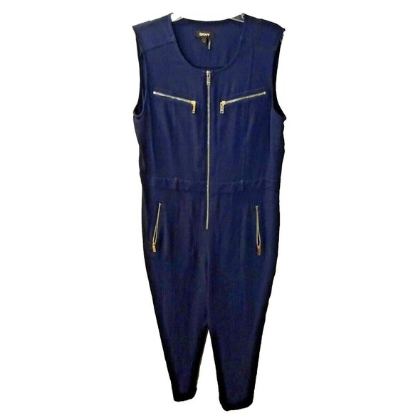 DKNY Pre-Loved Size 14 Navy Sleeveless Zip-Up Polyester Spandex Jumpsuit - Picture 2 of 12